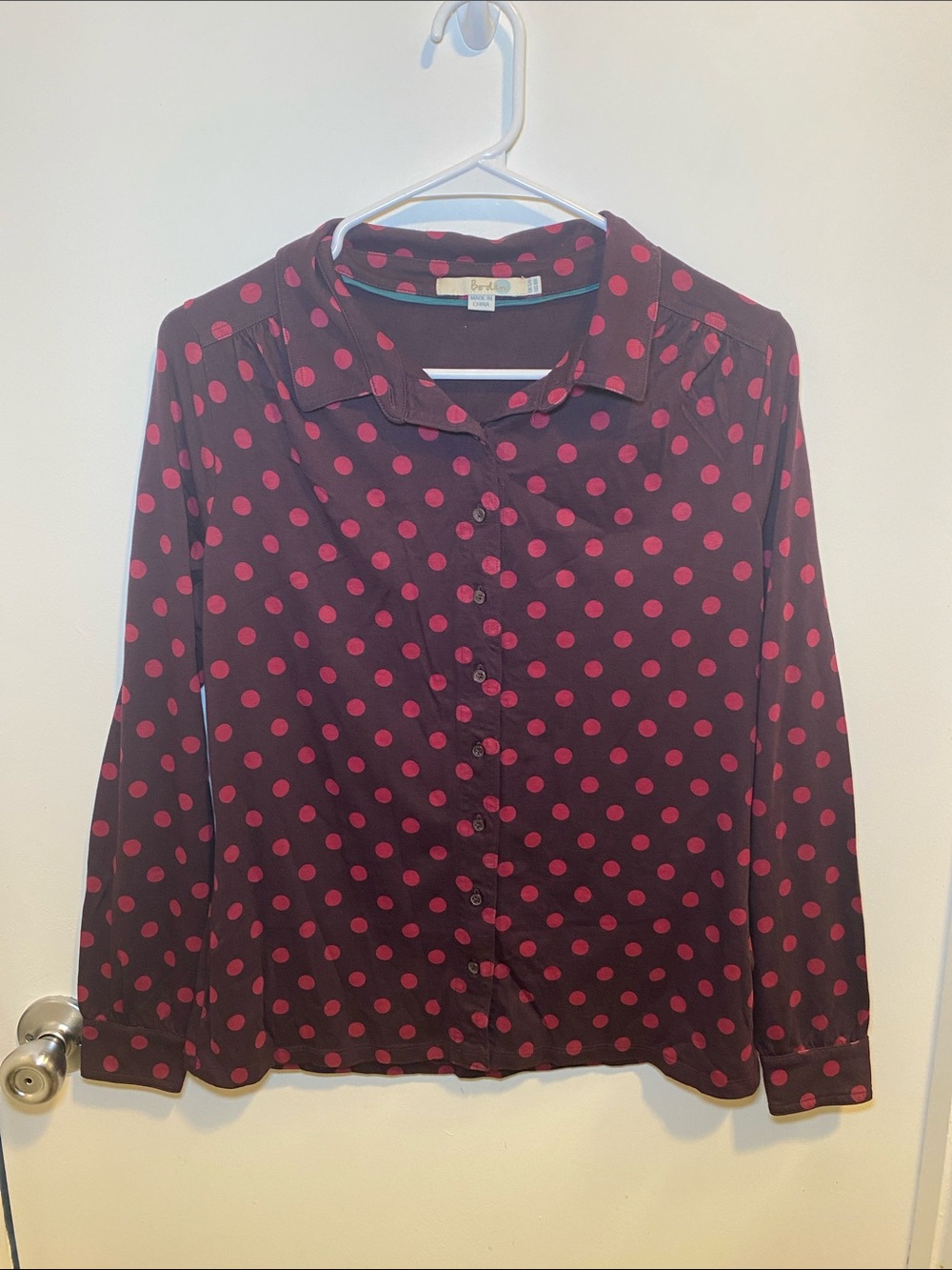 Boden Black Button-Down Blouse with Pink Polka Dots